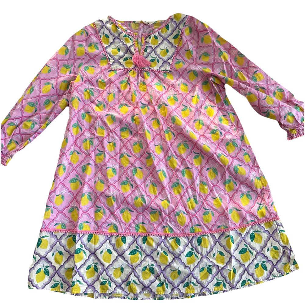 Mini Boden 13/14 Long Sleeve Cotton Dress Pink‎ Lemons